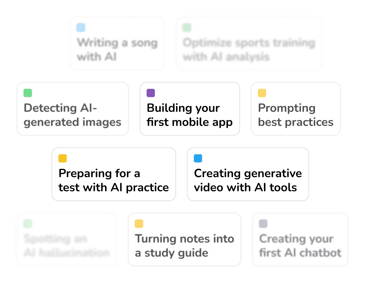 A scattered grid of lesson cards: prompting best practices, detecting AI-generated images, building your first mobile app, turning notes into a study guide, and more.
