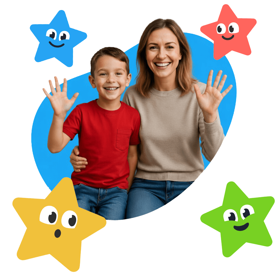Big Thinkers mom and son waving, surrounded by star characters
